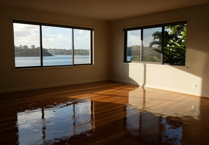 Flood-damaged living room in Gladesville before restoration